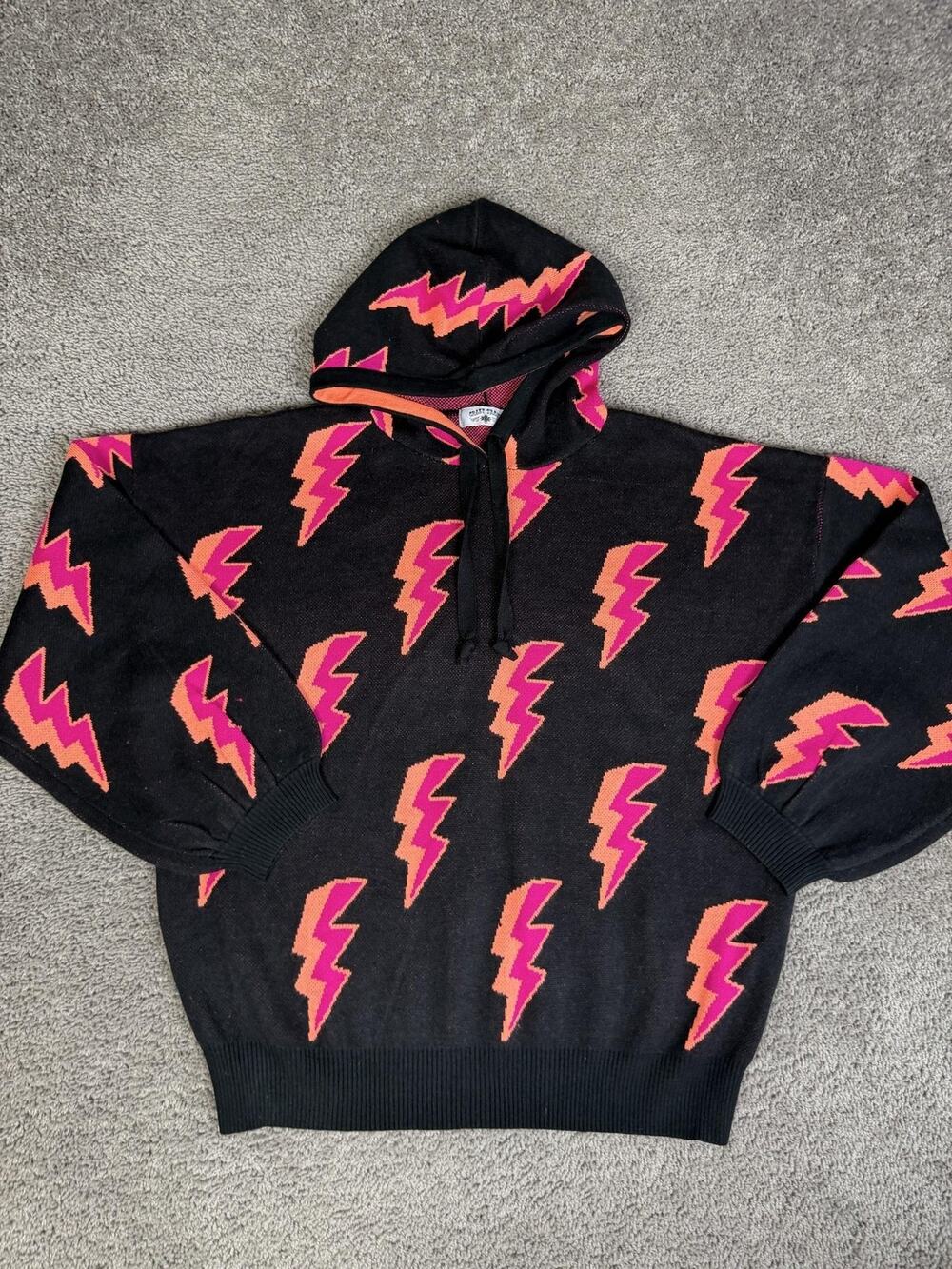 Crazy Train Hoodie Womens XL Black Pink Lightning Bolt Pullover Hooded Oversized